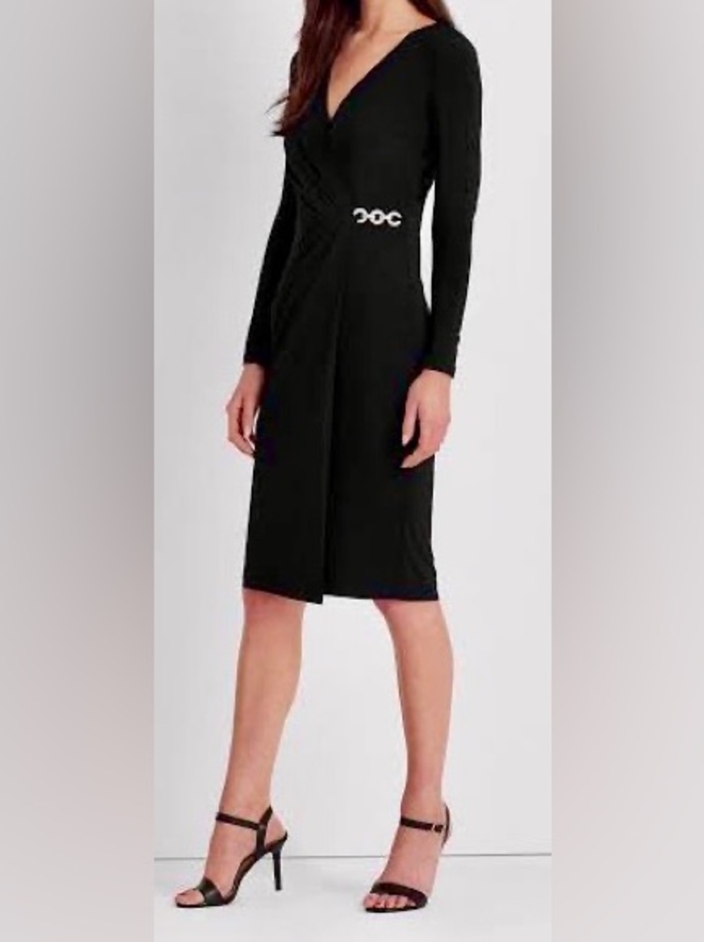 BOLD Elements Classic Black Long-Sleeve Wrap Dress with Gold Buckle